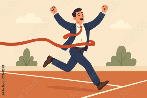 Businessman winning race celebrate victory at finish line. Business success or achievement. Skill or effort to succeed in work. Motivation to win competition concept. Goal.