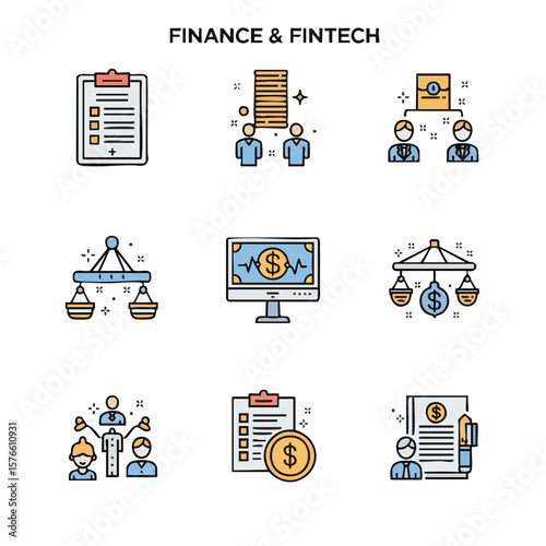 Finance and Fintech icon set illustration. This set visualizes business, banking, investment, and digital currency themes