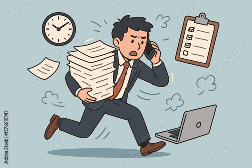 Busy work and multitasking employee concept. Man hurry to finish documents within deadline. Overworked and exhausted from overload tasks. Stressful character vector cartoon.