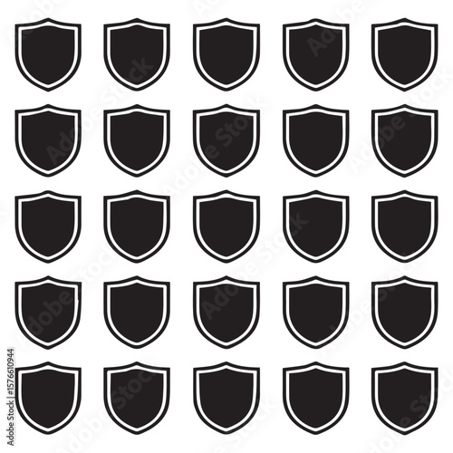 A repeating pattern of black shield icons with a white outline on a white background creating a modern and versatile graphic element