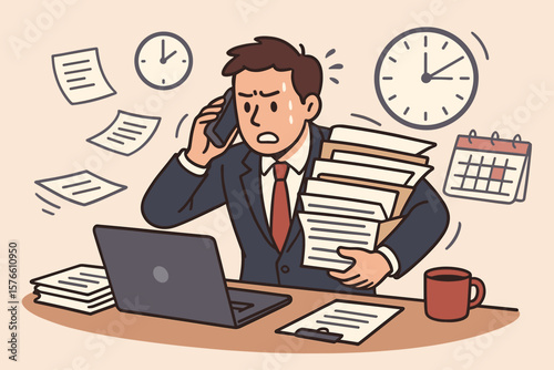 Stressed businessman overworked with multitasking. Busy employee hurry to finish documents on deadline. Overload tasks and burnout concept. Exhausted man vector illustration.