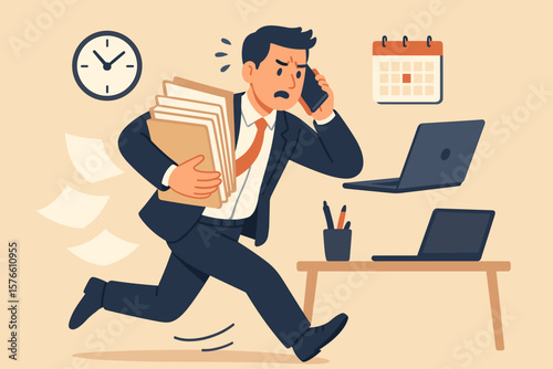 Busy multitasking employee hurrying to finish work. Stressful man running with documents. Overworked businessman concept. Deadline pressure, time management, workload, burnout.