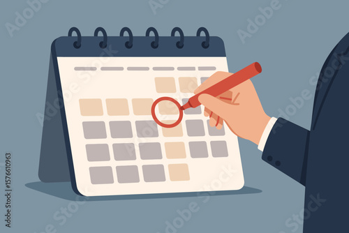 Calendar date event reminder for meeting schedule or appointment. Work deadline mark. Weekly plan, important business date concept. Businessman hand circle mark on calendar.