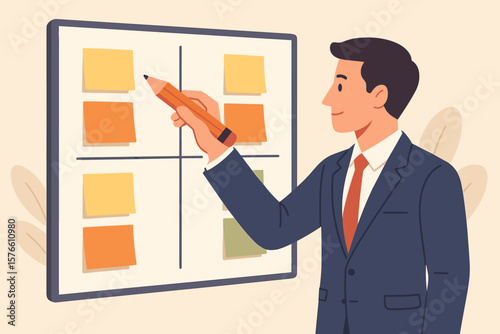 Businessman using an Eisenhower matrix to prioritize tasks. Project management concept with urgent and important sticky notes. Business strategy, planning, and organization for success.
