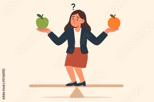 Business woman comparing apple and orange on a balance scale. Decision making concept. Choice, dilemma, doubt. Weighing pros and cons. Alternative options metaphor. Solution.