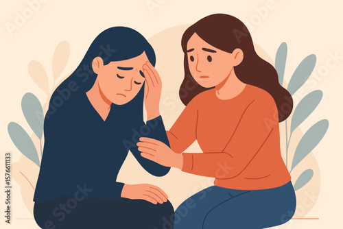 Woman comforting her sad friend concept. Support, empathy, and compassion. Mental health, depression, and stress illustration. Psychology and therapy. Helping hand in need.