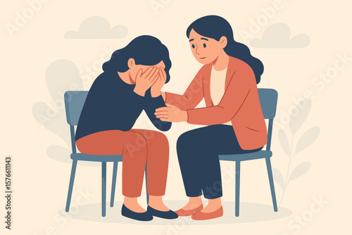 Empathy and compassion concept. Woman comforting a sad friend. Support in difficult times. Mental health first aid. Psychology therapy session. Friendship care. Help and kindness.