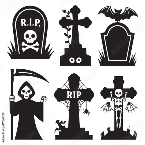 Collection of spooky halloween silhouettes featuring gravestones a grim reaper with a scythe a bat a skeleton and creepy graveyard elements