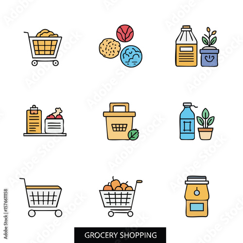 Grocery shopping icon set concept. The set includes a shopping cart full of groceries, vegetables, drinks, and other items. This image represents food shopping in a simple, cute style