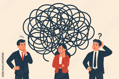 Complicated problem metaphor. Business team thinking and brainstorming. Confused people with tangled thoughts. Finding solution to difficult challenge. Chaos and order concept.