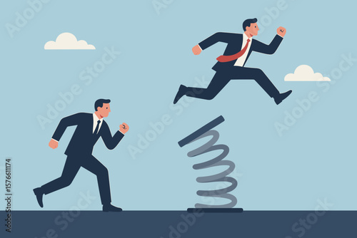 Competitive advantage and innovation to outsmart and overtake. Business winning strategy. Smart way to win in business or career growth. Businessman jumping over competitor.