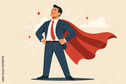 Confident businessman with a superhero cape as a metaphor for success and leadership. Strong employee with the strength to win. Outstanding worker and determined leader.