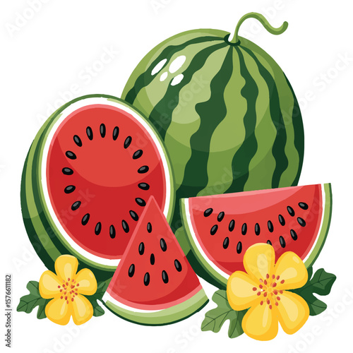 Freshly sliced watermelon pieces and whole fruit decorated with yellow flowers and green leaves on a white background