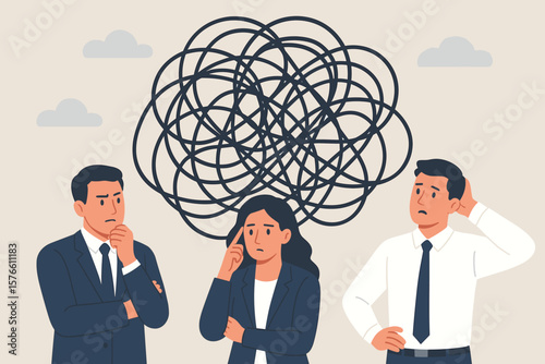 Complicated problem concept. Business team thinking. Confused people brainstorm for solution. Tangled scribble metaphor for complexity, difficulty and challenge. Untangling chaos.