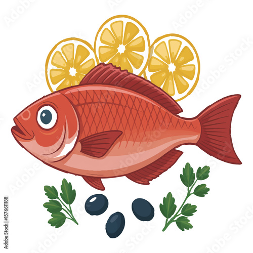 Healthy red snapper fish garnished with fresh lemon slices olives and parsley on a white background for culinary and food concepts