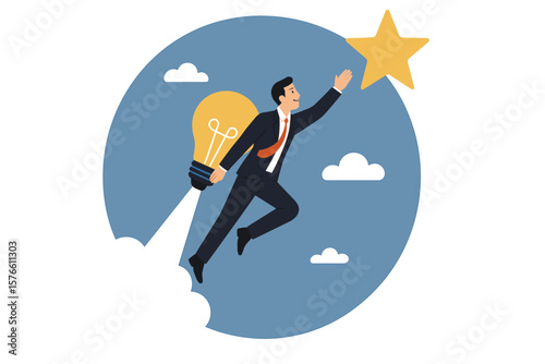 Entrepreneur reaching for success, innovative business goal achievement, creative leadership, smart businessman flying with lightbulb idea rocket for solution1