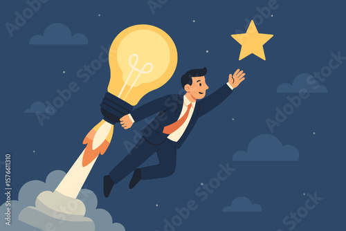 Businessman flying on lightbulb rocket idea. Creativity and innovation for business success. Leadership to reach goal. Man reaching for star. Ambition and achievement vector.