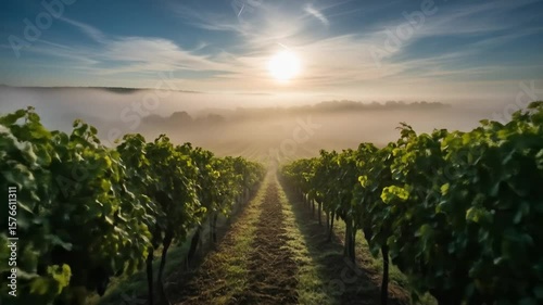 Sunrise Over Misty Vineyard Landscape