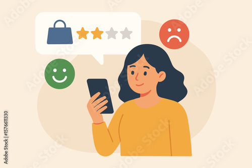 Customer experience concept. Woman giving feedback and online review on mobile phone. User satisfaction survey with star rating. Positive or negative opinion on product service. CX UX.