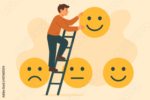 Customer satisfaction concept. Man on a ladder gives a positive rating. Feedback and evaluation of quality service. Client experience vote. Review and recommendation symbol.