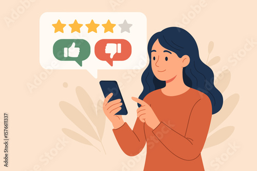 Customer experience satisfaction concept. Woman user giving a five star rating review on a mobile phone. Online application feedback survey. Positive client opinion.