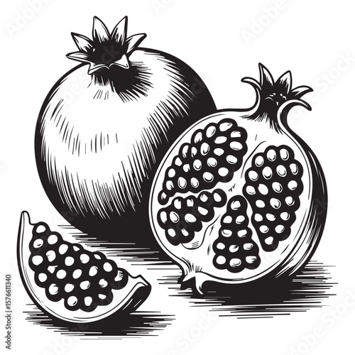 A striking black and white illustration of a whole pomegranate a halved pomegranate revealing its juicy seeds and a slice of pomegranate on a white background