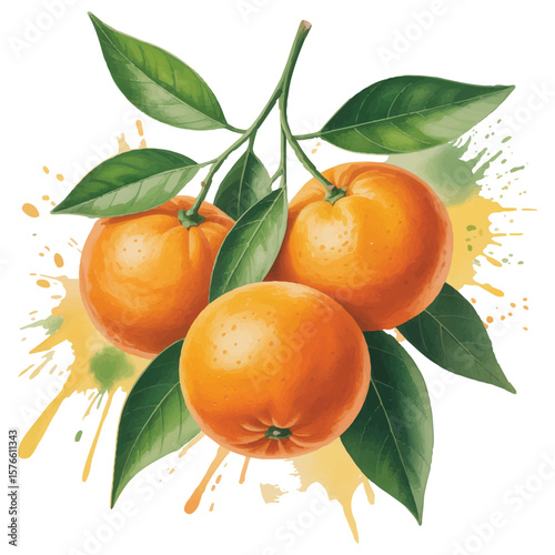 Vibrant watercolor painting of three ripe oranges with green leaves and splashes of yellow and green paint on a white background