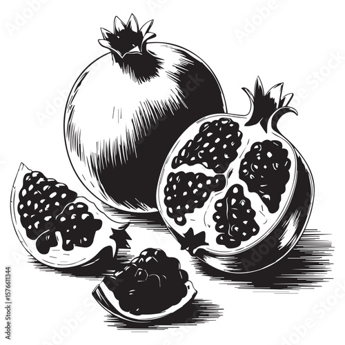 Striking black and white illustration of a whole pomegranate with a half cut pomegranate and two aril filled segments on a clean white background