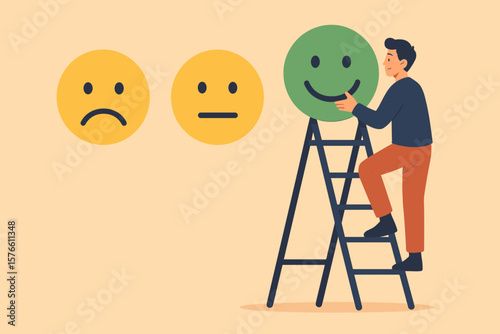 Customer satisfaction feedback concept. Man on a ladder giving a positive review. Excellent service rating. Client experience survey with happy face emoji. Quality evaluation.