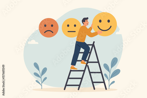 Customer satisfaction feedback concept. Client on ladder gives positive rating. Man chooses happy smile emoji for good quality service. Customer experience review survey metaphor.