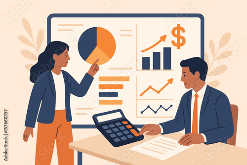 Business people financial analysis concept. Teamwork discussion with charts. Corporate revenue, investment profit, accounting report, budget planning, marketing strategy.