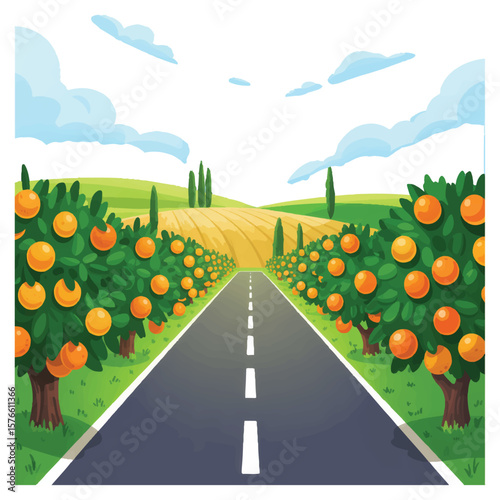 A scenic country road lined with lush green trees bearing ripe oranges leads through rolling hills under a bright blue sky with fluffy clouds