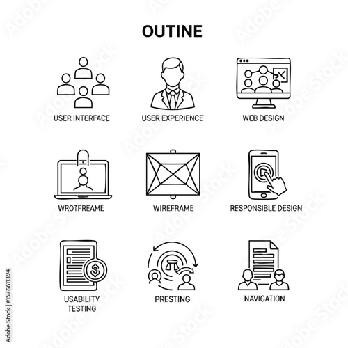 Icon set showcasing user interface design and user experience. Outline style, representing elements like usability testing, wireframes, web design, navigation, and responsible design