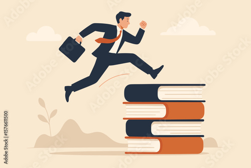 Education, knowledge for career opportunity. Businessman jumps over book stack. Metaphor for challenge, wisdom, intelligence, skill development, ambition, growth and success.