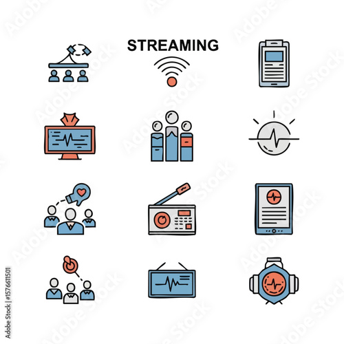 Illustration featuring various streaming and communication icons. Concept art shows remote collaboration, online radio, broadcasting, telehealth, and team connection in a modern, digital scene