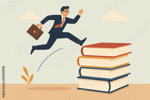 Education knowledge challenge. Read books study new skill. Wisdom intelligence for career opportunity. Smart businessman jump over high books. Ambition. Success. Growth.