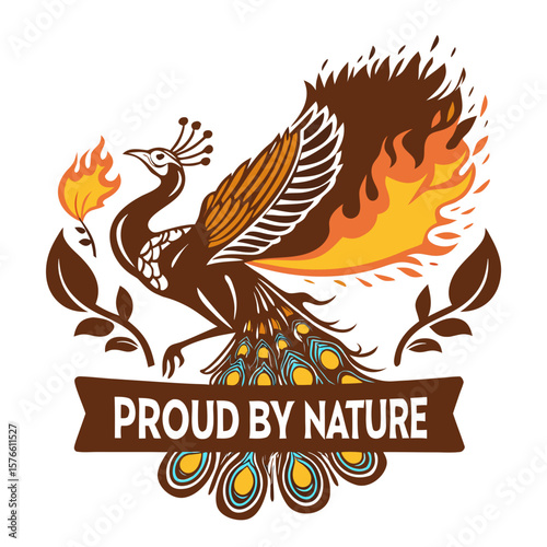 Proud peacock with flames and foliage design