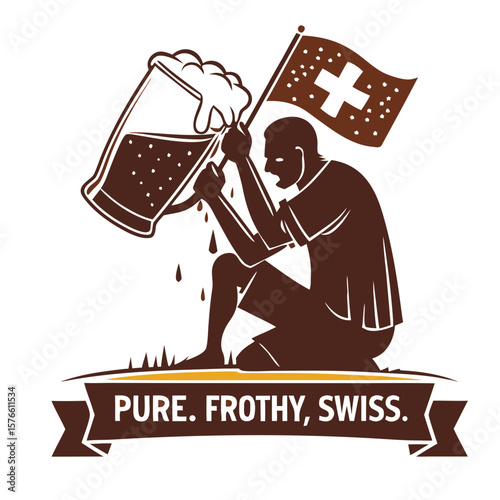 Man celebrating with beer, flag in hand, unique illustration style