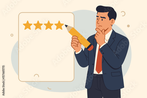 Customer satisfaction feedback, performance evaluation, service quality rating, business review concept, thoughtful businessman holding pencil, giving five stars, rating assessment