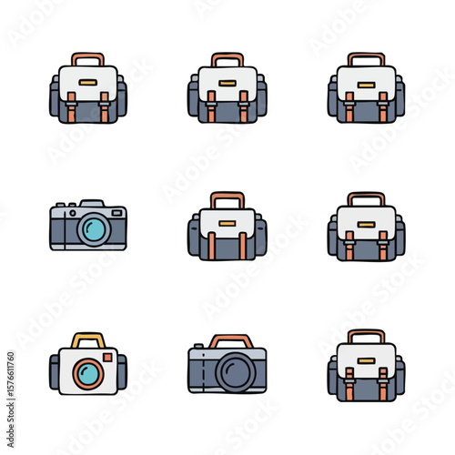 Illustration of photography equipment including camera bags and cameras in a flat vector style. Good for travel, hobby, and equipment related use. The background is plain white