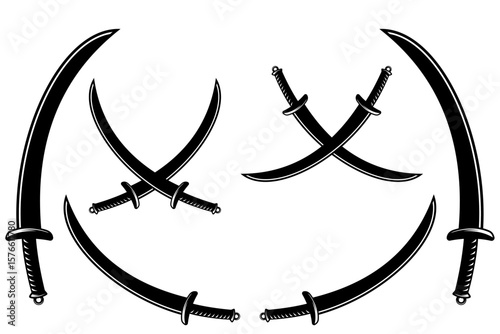 Flat Vector Silhouette of Crossed and Solo Swords in Black and White Style for Battle Emblem, Weapon Icon, and Graphic Design Elements