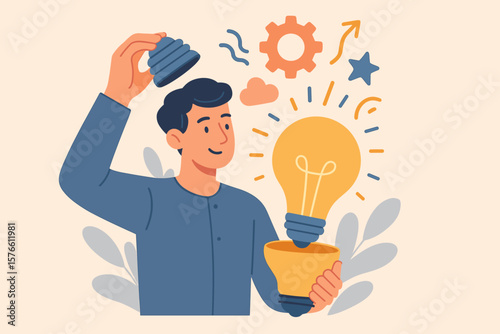 Creative innovation and idea generation concept. Young man opening lightbulb to reveal imagination, wisdom, invention, inspiration, knowledge, solution. Modern vector illustration