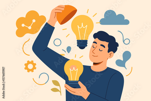 Creative idea generation and innovation concept. Young man opening head to reveal lightbulb, symbolizing imagination, inspiration, wisdom, knowledge, solution, invention, brainstorming