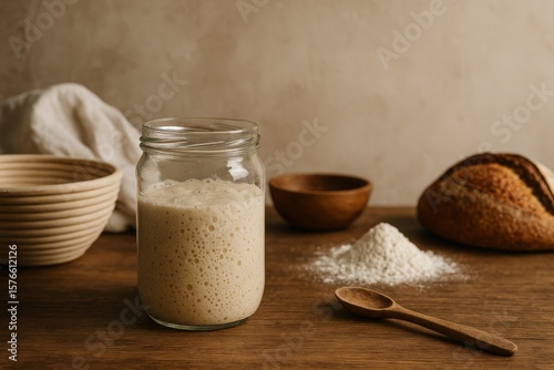 Active sourdough starter bubbles in a jar. Ingredients for artisan bread making.