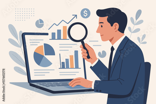 Business data analysis, market research, financial report review, SEO analytics, profit and earnings concept, analyst examining charts with magnifying glass, laptop illustration