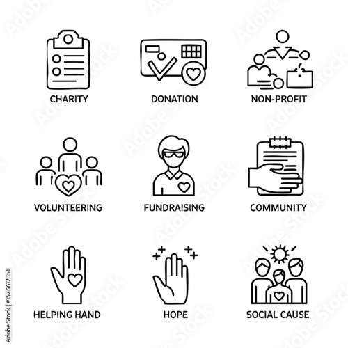 Minimalist black and white line icons depicting charity, donation, non-profit, volunteering, fundraising, and community
