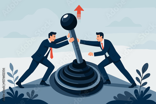 Business Teamwork Driving Paradigm Shift Lever, Technology Transformation, Disruption, Company Growth, Control, Shifting Speed, Innovation, Advancement, Success Concept