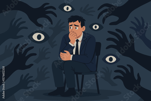 Paranoia anxiety fear panic concept. Businessman sitting alone surrounded by shadow hands and watching eyes. Mental health disorder, stress, depression, phobia, psychological pressure