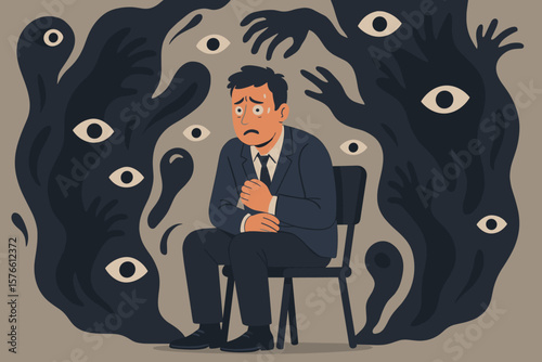 Paranoia fear anxiety mental health disorder. Businessman sitting chair surrounded by shadow hands eyes. Stress depression phobia panic attack concept. Psychological problems illustration