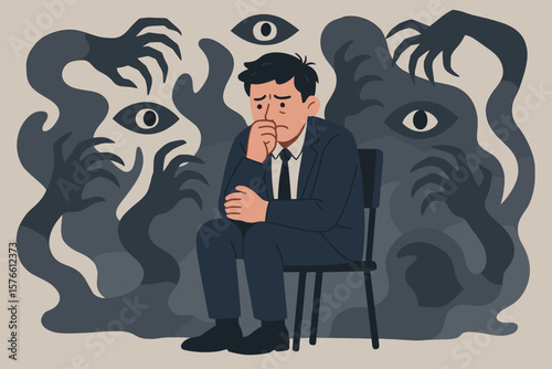 Paranoia anxiety fear mental health concept. Businessman sitting surrounded by shadow hands, eyes, symbolizing panic, phobia, depression, stress, psychological disorder, workplace pressure